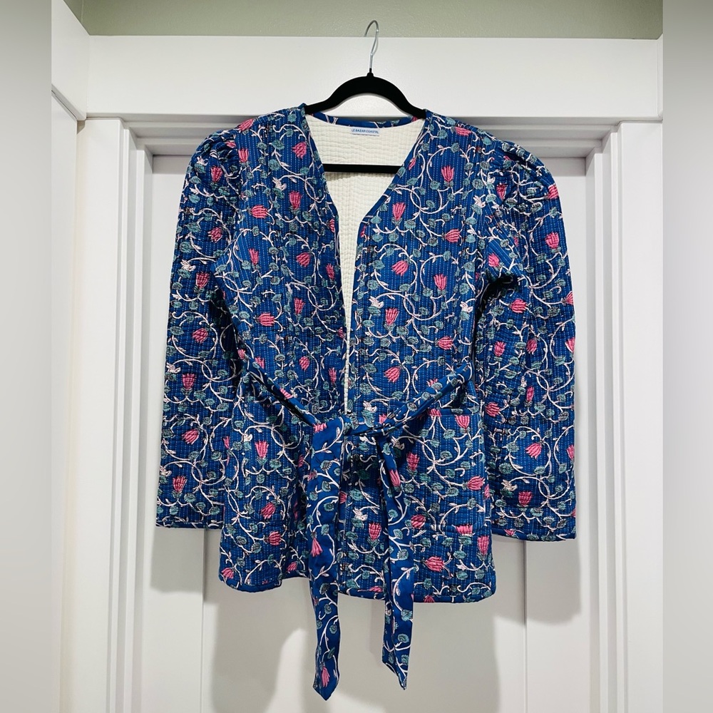 EUC Le Bazar Coastal Quilted Jacket Blockprint puff shoulder Woman’s coat M
